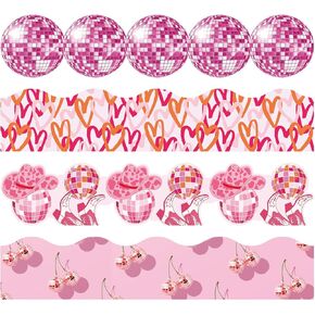 80 Pcs 91.8 ft Pink Disco Classroom Bulletin Board Borders Cowboy Disco Bulletin Board Trim Self Adhesive Scalloped Borders Decorations Stickers for Office School Blackboard Chalkboard Desk