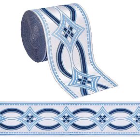 FINGERINSPIRE 11 Yards Drapery Trim Jacquard Ribbon Blue Ethnic Style Jacquard Ribbon 3-1/2Inch(90mm) Wide Polyester Rhombus Curtain Trim Tape for Your Drapes Curtains Drapery Banding Trim Tape