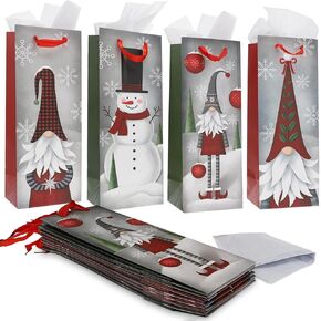 Bright Creations 12 Pack Christmas Wine Gift Bags with Tissue Paper Wrapping, 4 Gnomes Snowmen Designs for Home Party Holiday Supplies, Fun and Festive Xmas Packaging (5 x 13.6 x 4 in)