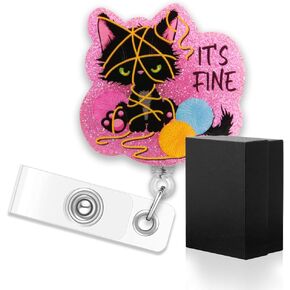 ERHACHAIJIA It's Fine Retractable Pink Glitter Badge Reel with Clip, Funny Black Cat ID Card Badge Holder Gift for Nurses Doctors Office Worker Social Worker Cat Lover Colleague Boss