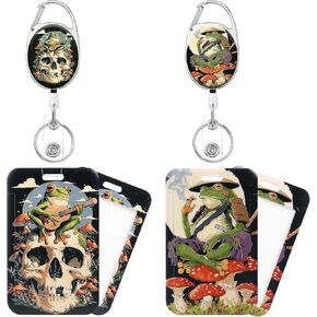 GTOTd Frog Skull Retractable Badge Reel Lanyard（2 Pack） with ID Badge Holder. Mushroom Skeleton Merch Gifts Party Supplies Badge Clip for Card Key Wallet Teens Student Office Teacher