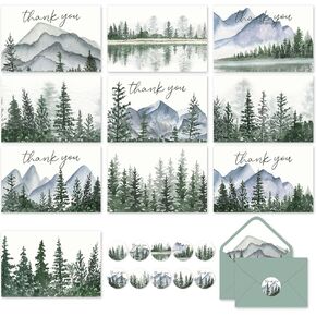 Whaline 100 Pack Watercolor Forest Thank You Cards Mountains Landscape Greeting Cards with Envelopes Stickers 10 Designs Blank Note Cards for Party Invitation Supplies, 4 x 6 Inch