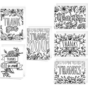 Thank You Coloring Note Cards / 24 Color Yourself Grateful Cards With Envelopes / 6 Floral Appreciation Designs / 3 1/2" x 4 7/8" Black White Coloring Gratitude Notes