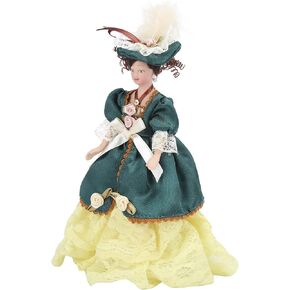 HEEPDD Dollhouse People, 1:12 Scale Long Green Dress Dollhouse Victorian Lady with Curly Brown Hair for DIY Dollhouse Decoration