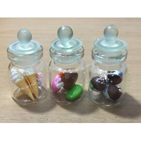 3pc Miniature Food Chocolate Cookie Cake Dollhouse Donut Candy in Clear Glass Mini Bottle fruit Food #MF055
