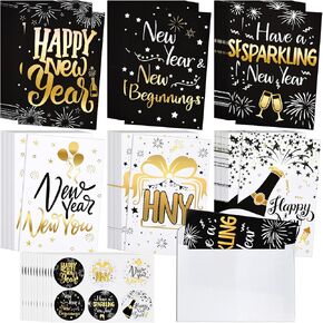 72 Pack Happy New Year Cards 2025 Gold Foil New Year Cards with Envelopes and Stickers New Year Eve Greeting Cards Bulk for Office Business Family School Party Invitations