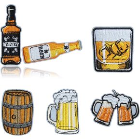 6PCS Beer Whiskey Iron on Patches, Cartoon Mug Cheers Drink Oak Barrel Embroidered Repair Patches for Clothes, Custom Applique for Hats, Jeans, Jackets, Bags, Backpacks, Dress, Shoes