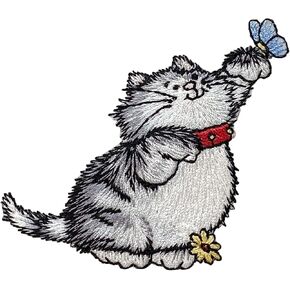 Gray Cat with Blue Butterfly on Paw, Pets, Kitten, Embroidered, Iron-on Patch