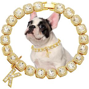Gold Dog Chain Diamond Cuban Collar with K Letter Tag Walking Metal Chains Collars Secure Buckle,Pet Cuban Link Jewelry Accessories for Small Medium Dogs Cats(8")