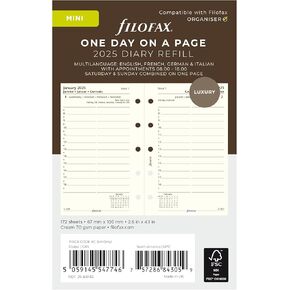 Filofax Calendar Diary Refill, Mini Size, Day on One Page with Appointments, Ruled, Cotton Cream Paper, Multilingual: Four Languages, 2025 (C68142-25)