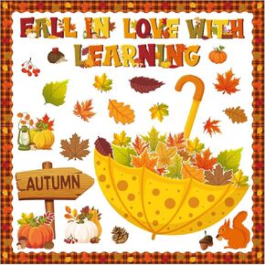 Qilery Fall in Love with Learning Bulletin Board Set Autumn Maple Leaves Pumpkin Cutouts Fall Theme Classroom Decorations for Thanksgiving School Home Chalkboard Wall Decor Supplies