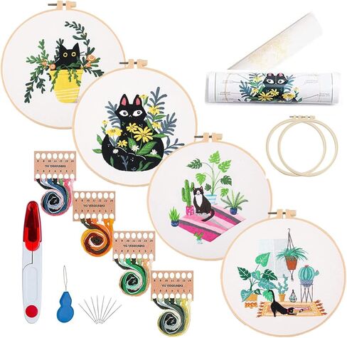 Mozzyyee 4pcs of Embroidery Starter kit with Patterns and Instructions,DIY Adult Beginner Embroidery Sets, with 2 Plastic Embroidery Hoops,Scissor,Threads and Needles (Cats and Plants) in Saudi Arabia