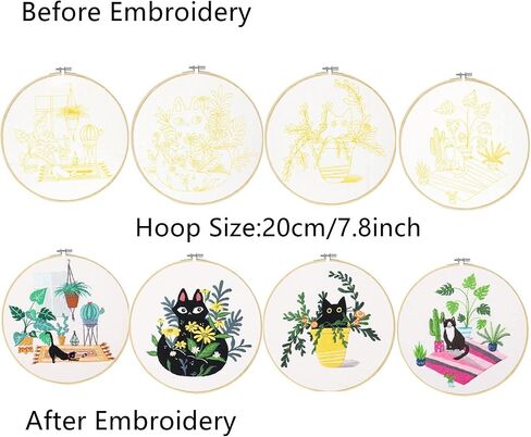 Mozzyyee 4pcs of Embroidery Starter kit with Patterns and Instructions,DIY Adult Beginner Embroidery Sets, with 2 Plastic Embroidery Hoops,Scissor,Threads and Needles (Cats and Plants) in Saudi Arabia