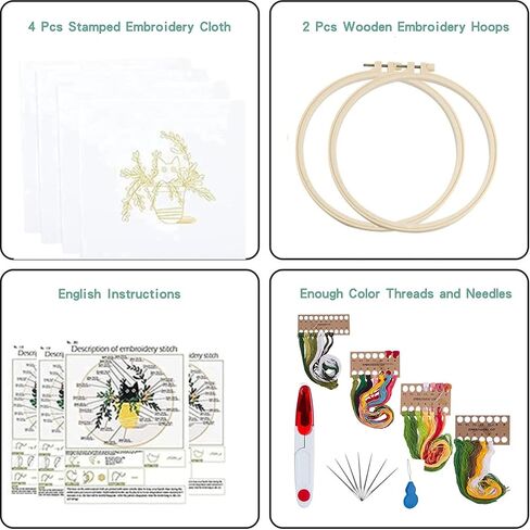 Mozzyyee 4pcs of Embroidery Starter kit with Patterns and Instructions,DIY Adult Beginner Embroidery Sets, with 2 Plastic Embroidery Hoops,Scissor,Threads and Needles (Cats and Plants) in Saudi Arabia