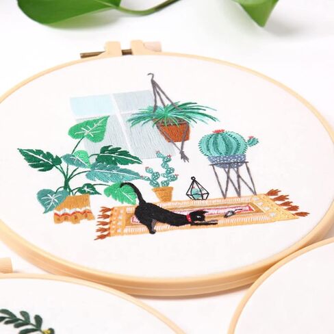 Mozzyyee 4pcs of Embroidery Starter kit with Patterns and Instructions,DIY Adult Beginner Embroidery Sets, with 2 Plastic Embroidery Hoops,Scissor,Threads and Needles (Cats and Plants) in Saudi Arabia