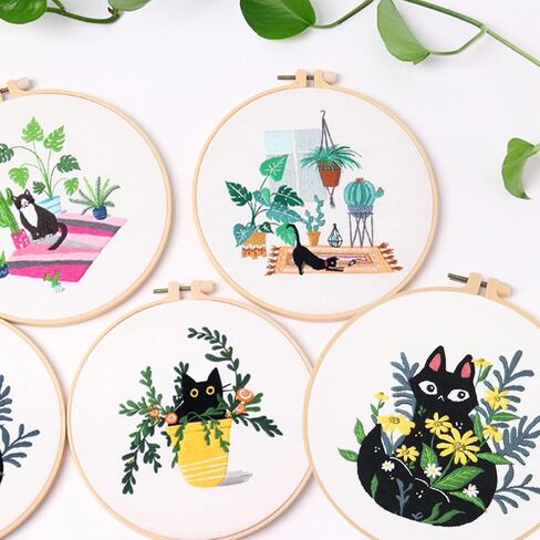 Mozzyyee 4pcs of Embroidery Starter kit with Patterns and Instructions,DIY Adult Beginner Embroidery Sets, with 2 Plastic Embroidery Hoops,Scissor,Threads and Needles (Cats and Plants) in Saudi Arabia
