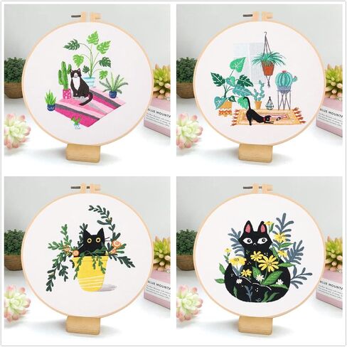 Mozzyyee 4pcs of Embroidery Starter kit with Patterns and Instructions,DIY Adult Beginner Embroidery Sets, with 2 Plastic Embroidery Hoops,Scissor,Threads and Needles (Cats and Plants) in Saudi Arabia