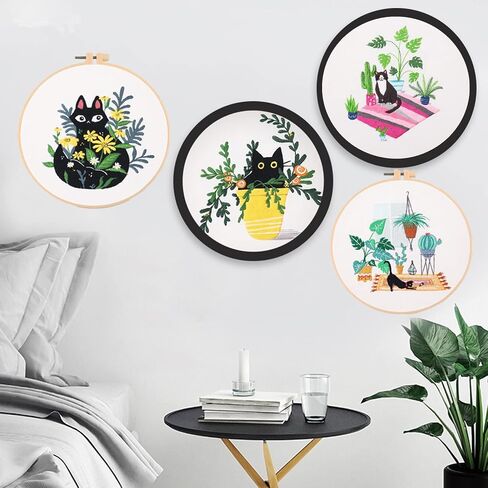 Mozzyyee 4pcs of Embroidery Starter kit with Patterns and Instructions,DIY Adult Beginner Embroidery Sets, with 2 Plastic Embroidery Hoops,Scissor,Threads and Needles (Cats and Plants) in Saudi Arabia