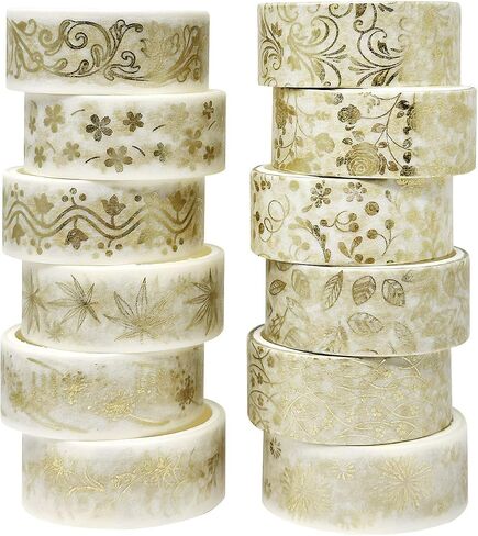 allydrew Elegant Gold Foil Washi Tape Box Set for Arts & Crafts, Scrapbooking, Stationery, Diary (12 Rolls), Gold Floral in Kuwait