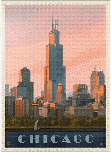 MyPuzzle Chicago Skyline: بحيرة ميشيغان، ملصق عتيق - أحجية الصور المقطوعة الممتازة المكونة من 500 قطعة للبالغين in Saudi Arabia