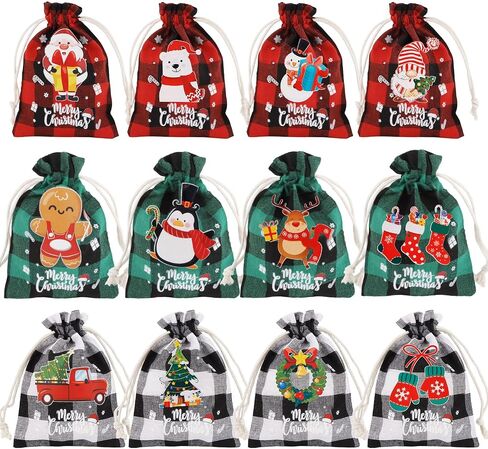 Amariver 24 Pcs Christmas Burlap Bags Christmas Drawstring Gift Bags Reusable Linen Pouches Christmas Treat Bags Small Christmas Gift Bags for Holiday Birthday New Year Parties Favor Gift Candy Bags in Kuwait