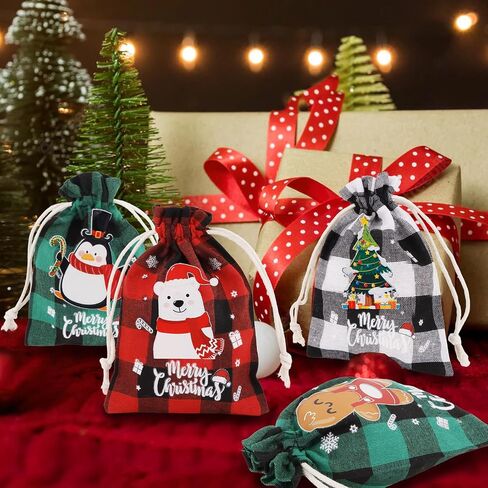 Amariver 24 Pcs Christmas Burlap Bags Christmas Drawstring Gift Bags Reusable Linen Pouches Christmas Treat Bags Small Christmas Gift Bags for Holiday Birthday New Year Parties Favor Gift Candy Bags in Kuwait