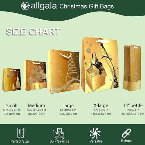 أكياس هدايا النبيذ من Allgala 12 قطعة - أكياس هدايا النبيذ الذهبية المطبوعة لعيد الميلاد - زجاجة - GP91000 in Saudi Arabia