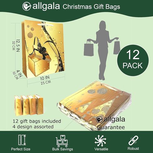 أكياس هدايا النبيذ من Allgala 12 قطعة - أكياس هدايا النبيذ الذهبية المطبوعة لعيد الميلاد - زجاجة - GP91000 in Saudi Arabia
