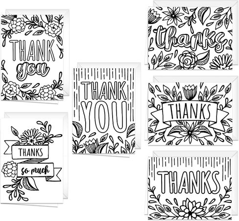 Thank You Coloring Note Cards / 24 Color Yourself Grateful Cards With Envelopes / 6 Floral Appreciation Designs / 3 1/2" x 4 7/8" Black White Coloring Gratitude Notes in Kuwait