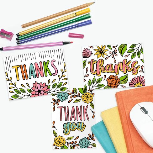 Thank You Coloring Note Cards / 24 Color Yourself Grateful Cards With Envelopes / 6 Floral Appreciation Designs / 3 1/2" x 4 7/8" Black White Coloring Gratitude Notes in Kuwait
