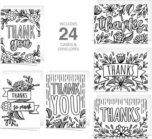 Thank You Coloring Note Cards / 24 Color Yourself Grateful Cards With Envelopes / 6 Floral Appreciation Designs / 3 1/2" x 4 7/8" Black White Coloring Gratitude Notes in Kuwait
