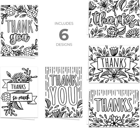 Thank You Coloring Note Cards / 24 Color Yourself Grateful Cards With Envelopes / 6 Floral Appreciation Designs / 3 1/2" x 4 7/8" Black White Coloring Gratitude Notes in Kuwait