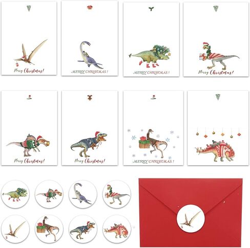 مجموعة بطاقات عيد الميلاد - 8 بطاقات عطلة بأظرف حمراء - 8 تصميمات مختلفة للديناصورات، مثالية لتقديمها لأصدقائك الذين يحبون الديناصورات. in Saudi Arabia