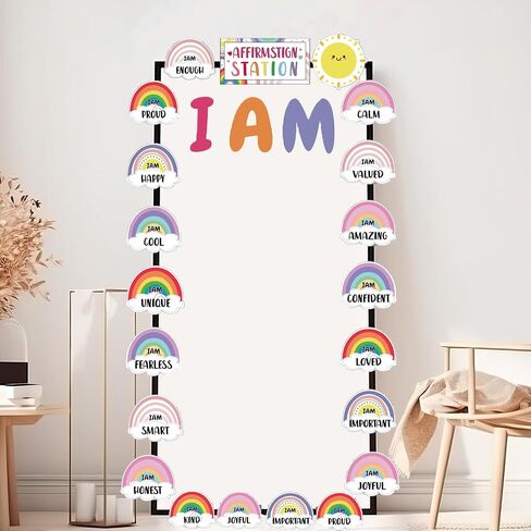 Boho Affirmation Station Bulletin Board Decoration Set Classroom Positive Bulletin Board for Classroom Mirror Growth Mindset Decoration Motivational Accent Cutouts for Home School Chalkboard Holiday in Saudi Arabia