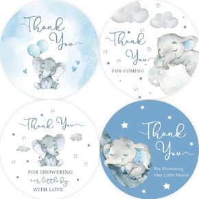 80pcs Elephant Thank You Stickers, Elephant Round Stickers, Thank You for Showering Our Little Boy with Love Stickers, Elephant Birthday Round Stickers for Gender Reveal Party Favors