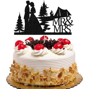 Camping Mr and Mrs Cake Topper, Outdoor Mountain Forest Wedding Party Decorations, The Groom Hugging Bride, Romantic, Black Glitter