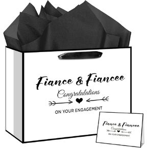 Engagement Party Gift Bags Fiance Fiancee Gift Bag Black White Engagement Gift Bags with Tissue Paper Card Engagement Gift Wrapping Paper Bag Happy Engagement Christmas Gift Bag Engagement Decorations Supplies