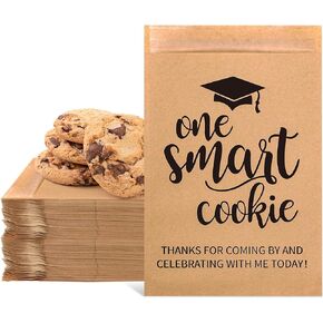 Whaline 100 Pack Graduation Candy Cookie Gift Bags One Smart Cookie Self-Adhesive Buffet Treat Bags Congrats Grad Kraft Paper Bags Treat Gift Bags for Graduation Party Decoration Supplies