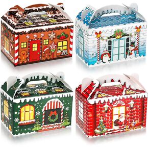 Christmas Treat Boxes, 24 Pieces Plaid Santa Elf Snowman Elk Gingerbread Xmas Cardboard Present Candy Cookie Boxes with Handles, Holiday Party Favor Supplies, 4 Designs (Vivid Style)