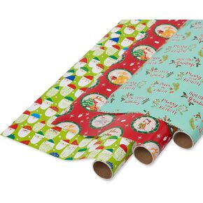 Papyrus Christmas Wrapping Paper Rolls, Santa Toss, Holiday Friends, Peace on Earth (3 Rolls, 90 sq. ft.)