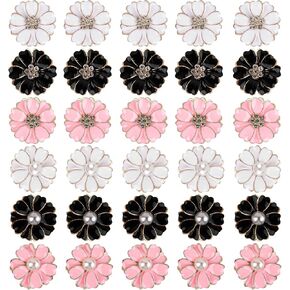 AUEAR, 30 Pack Rhinestone Pearl Buttons Enamel Flower Sewing Button Metal Flat Back Flower Beads Embellishments Without Hole for Jewelry Making Crafts Wedding Home Decor