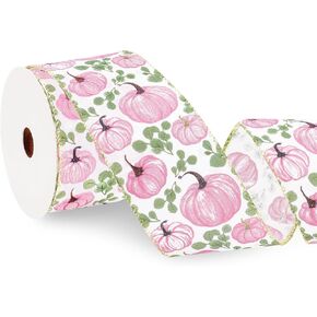 Fall Wired Ribbon 2.5 Inch Pink Autumn Pumpkin Ribbon for Bow Wreath Craft Gift Wrap Farmhouse Thanksgiving Harvest Wedding Birthday Party Decor, 12 Yard