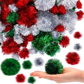 150 Pcs Large Glitter Tinsel Pom Poms 2.5" 2" 1.4" 1" Christmas Pom Pom Balls Red Green Silver Jumbo Sparkle Balls Cat Toys for DIY Craft Making and Christmas Decorations