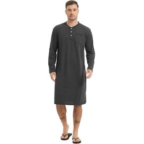 Mucwer Men＇s Cotton Long Sleeve Nightshirts （46in-48in）,Long Sleeve Nightgown With Kangaroo Pocket（S～4XL）