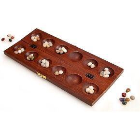 Sterling Games Wooden Mancala Board Game Cherry Finish with Real Stones 13" Wood Game Board
