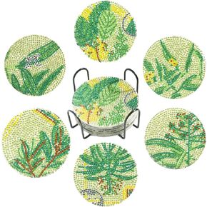 6 Pcs Leaves Diamond Art Painting Coasters Kits with Holder DIY Green Leave Diamond Art Coaster Non Slip Coaster for Adult Beginners Diamond Painting Kits Supplies
