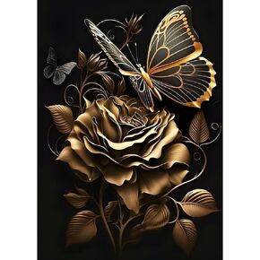 Lxmsja Golden Flora Butterfly Diamond Art Painting Kits for Adults, DIY 5D Round Full Drill Art, Gem Art Painting with Diamond Relaxation Home Wall Decor 12x16inch