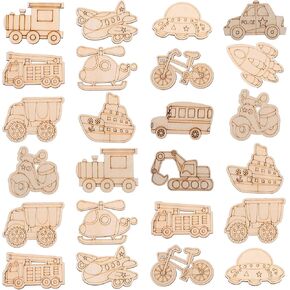SEWACC 50pcs Truck Unfinished Wood Slices Unpainted Cutout DIY Blank Car Vehicle Bicycle Excavator Helicopter Wooden Ornaments Cutout to Paint (Mixed Style)