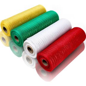 4 Rolls Deco Mesh Ribbon 10 inch x 30 feet Each Roll, Poly Mesh Metallic Foil Ribbon Easter Ribbon for Wreath Decoration DIY Crafts Making Supplies (GreenPurplePinkBlue)