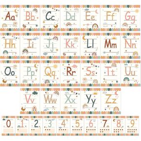 36 Pieces Alphabet Bulletin Board Set, Number ABC Posters for Classroom Wall Boho Rainbow Classroom Decor Educational Cards Learning Colors Shapes Cards Poster